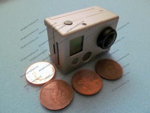 The GoPro Hero2 camera is about the thickness of a 2p coin is wide The GoPro Hero2 camera is about the thickness of a 2p coin is wide