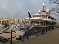 The aft deck of Mogambo features two staircases and a garage for tender vessels The aft deck of Mogambo features two staircases and a garage for tender vessels