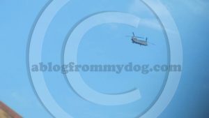 Overhead a military helicopter makes a pass over the City
